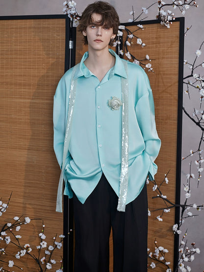 JIECHI  blue high-end loose long-sleeved satin unisex shirt - KELAN.