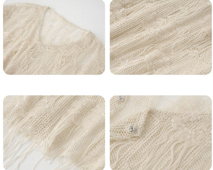 JIECHI  short-sleeved fringe hooded embellished top - PAISLEY.