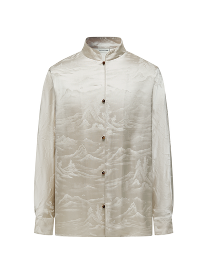 OWNLIFE jacquard stand-up collar placket natural jade buckle shirt - DAVID.