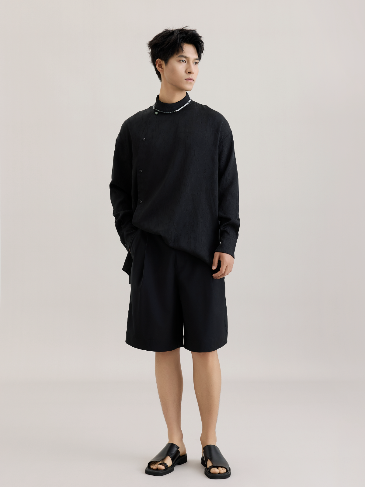 OWNLIFE bamboo hair jade placket slant lapel jacquard shirt - FINLEY.