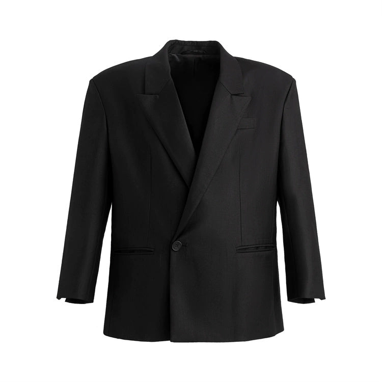 FRKM SCDSS Silhouette Black Padded Shoulders Casual Cropped Drapy Blazer - YORK.