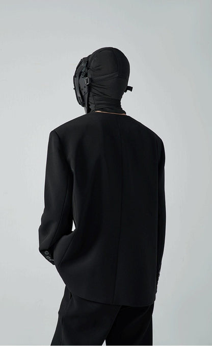 FRKM SC SS Casual Padded Shoulders Collarless Loose Double Button Suit - UNIQUE.