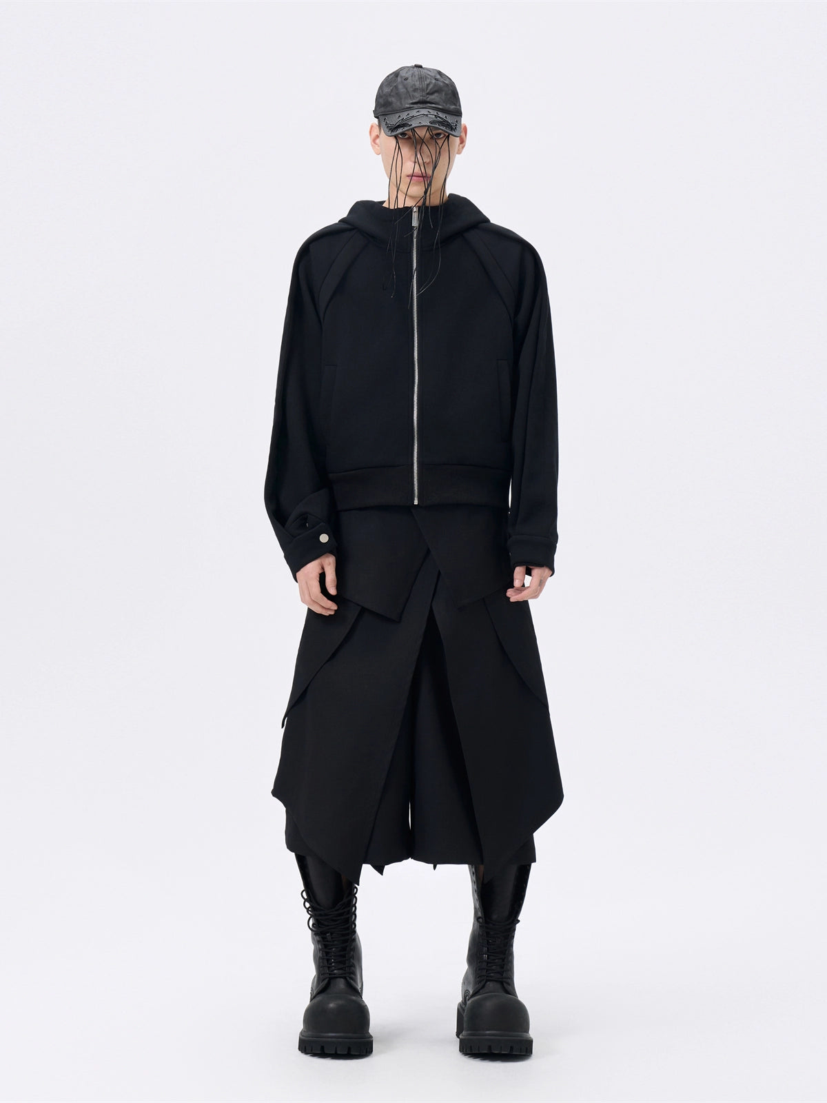 FRKM SCD Deconstructed Zippered Cropped Black Loose Hoodie - KAISEN.