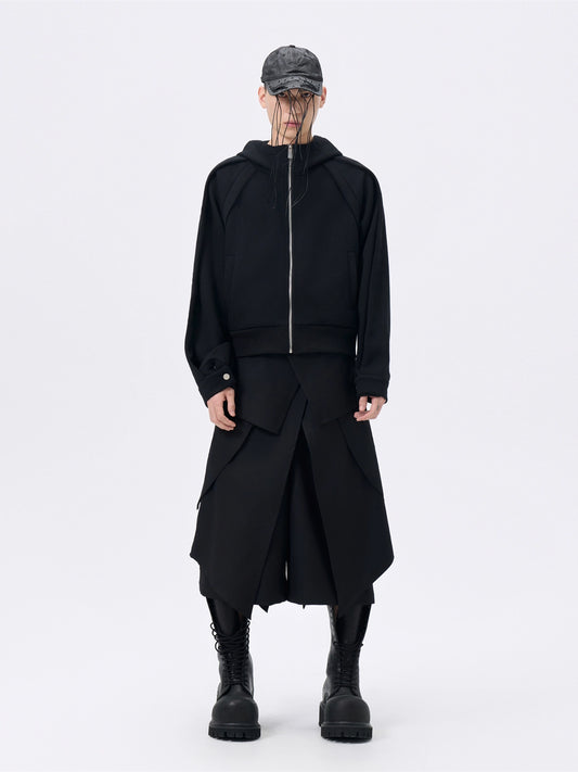 FRKM SCD Deconstructed Zippered Cropped Black Loose Hoodie - KAISEN.