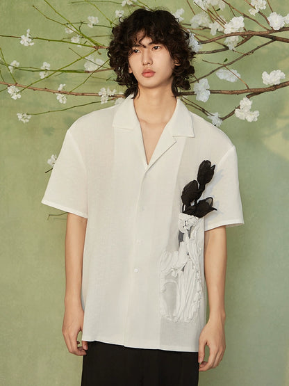 JIECHI  casual cotton linen white loose short-sleeved unisex shirt  - EDEN.