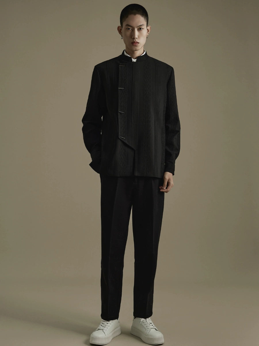 OWNLIFE stand collar placket stripes pressed pleats jacket- JONAH.