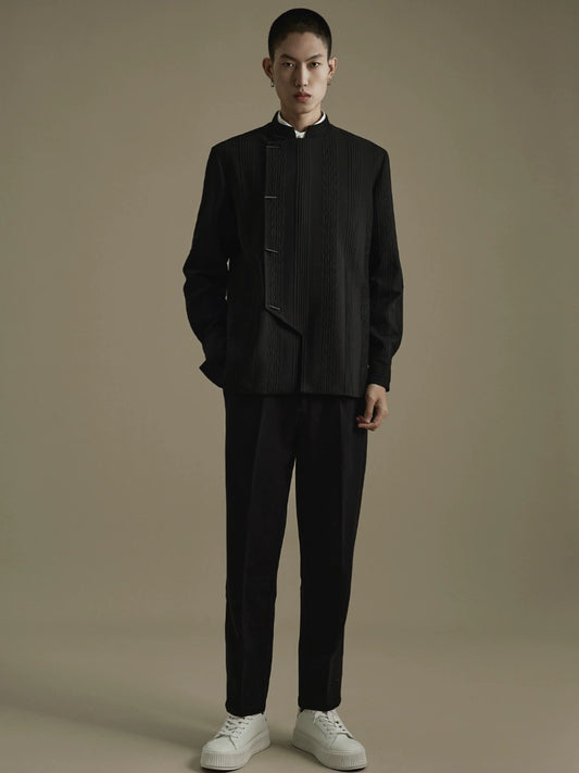 OWNLIFE stand collar placket stripes pressed pleats jacket- JONAH.