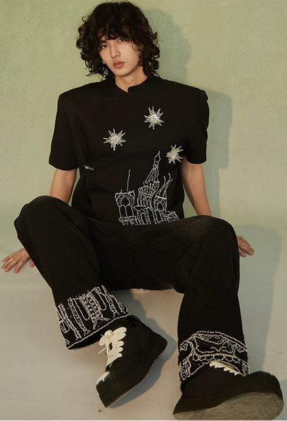 JIECHI loose embroidery round neck short sleeve unisex T-shirt - FANRIC.