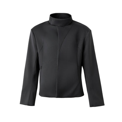 FRKM SCD Cinched Waist Stand Collar Wide Shoulder Black Jacket - GREG.