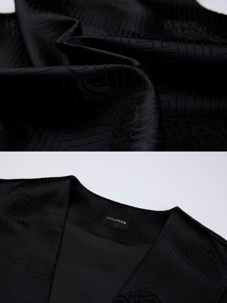 OWNLIFE silk swastika cloud pattern brocade v-neck vest - FAE.