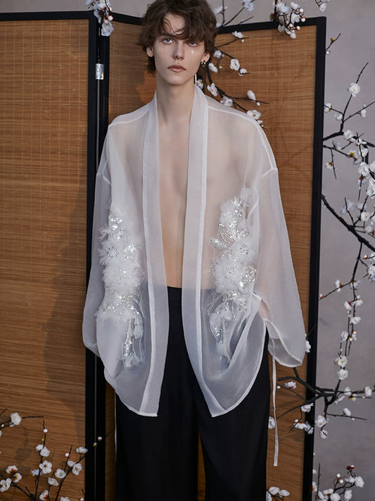 JIECHI  white loose sheer embroidered kimono top - SEAN.
