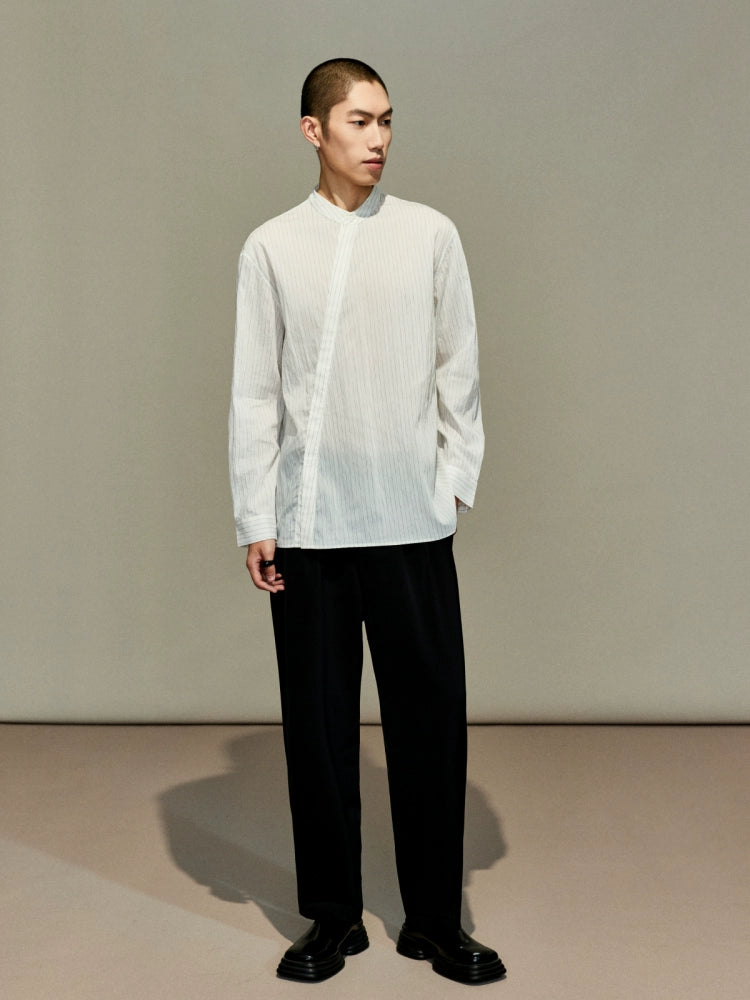 OWNLIFE Tencel striped shirt stand-up collar placket slightly dropped shoulders men's cool summer style - TREY