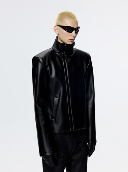 FRKM SCD Stiff Stand Up Collar Cropped Motorcycle Leather Jacket - REGAN.