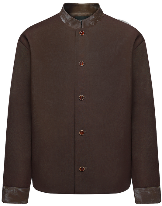 OWNLIFE Wool Stand Collar Fog Leather Amber Buckle Jacket - JAMES.