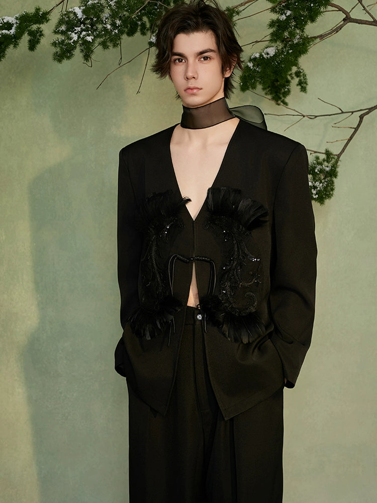 JIECHI  appliqué loose collarless buckle coat - GAVIN.