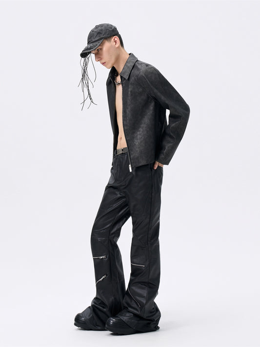 FRKM SCD Corrugated Washed Leather Distressed Vintage Lapel Jacket - LYDIA.