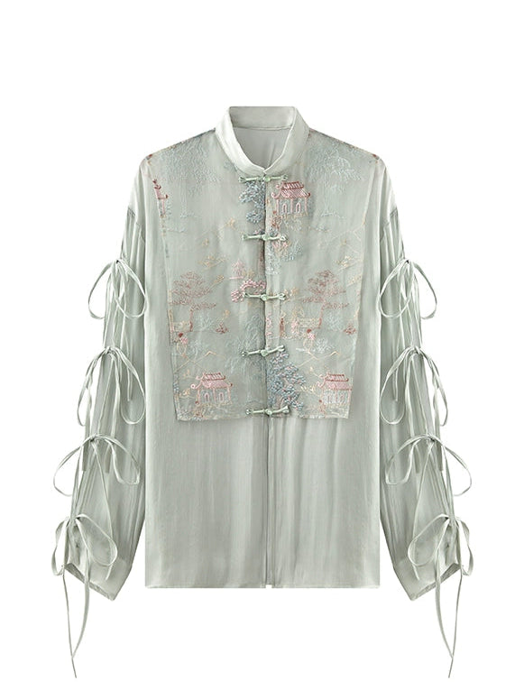 JIECHI  loose emerald green embroidered long-sleeved shirt - UMBER.