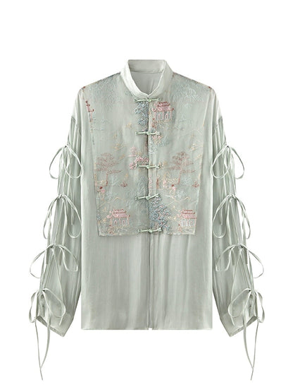JIECHI  loose emerald green embroidered long-sleeved shirt - UMBER.