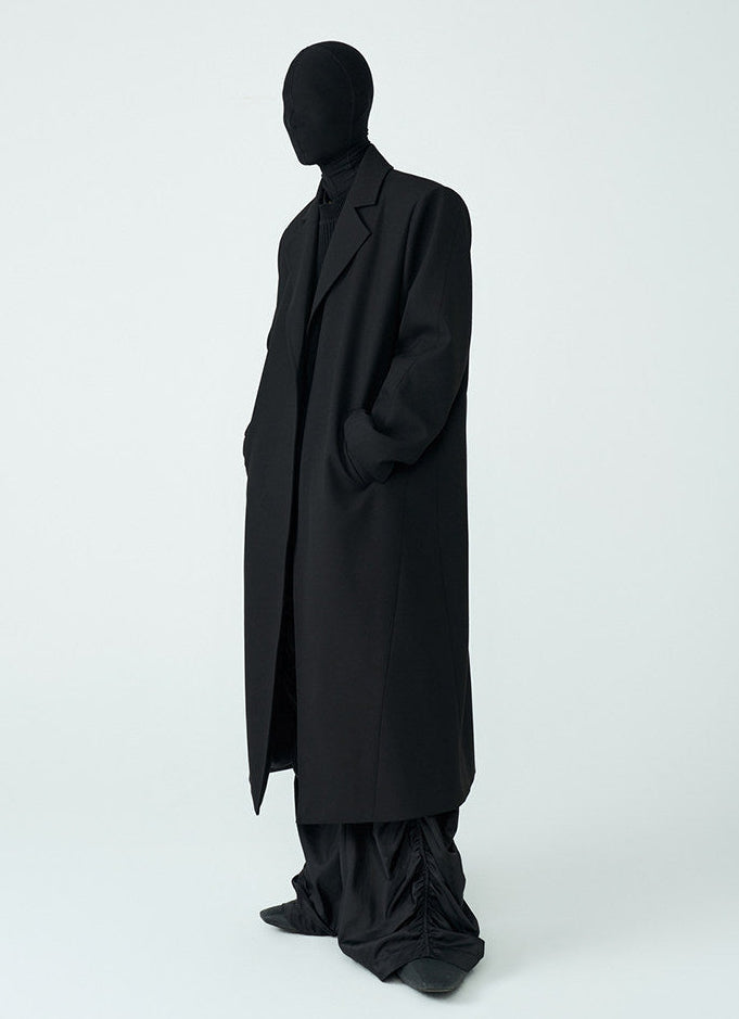 FRKM SCD SS Wool Unbuttoned Loose Shoulder Padded Midi Patchwork Black Coat - LEVI.