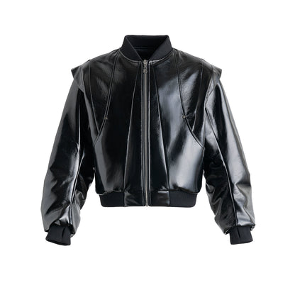 FRKM SCD shiny PU leather black padded baseball uniform Jacket - KIERNAN.