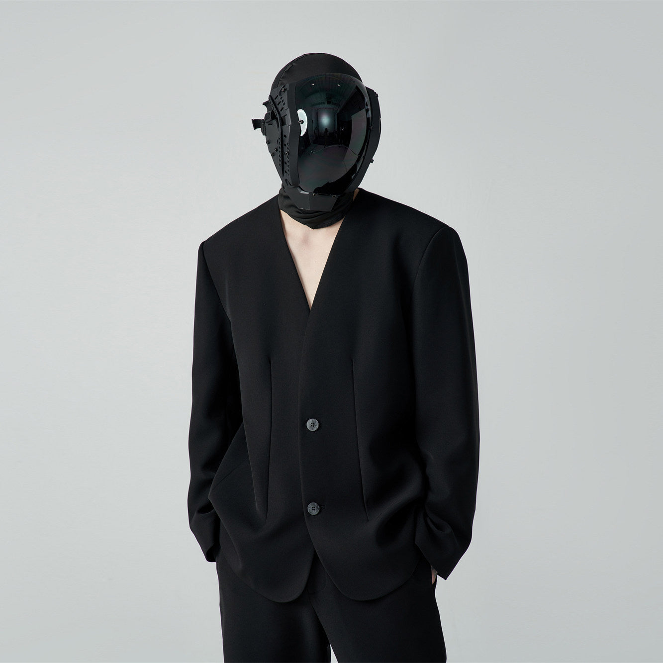 FRKM SC SS Casual Padded Shoulders Collarless Loose Double Button Suit - UNIQUE.