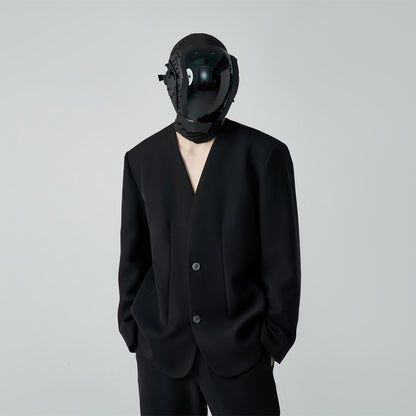 FRKM SC SS Casual Padded Shoulders Collarless Loose Double Button Suit - UNIQUE.