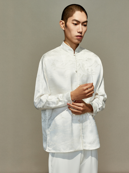 OWNLIFE jacquard stand-up collar placket natural jade buckle shirt - DAVID.