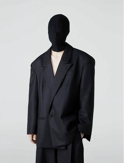 FRKM SCDSS Silhouette Black Padded Shoulders Casual Cropped Drapy Blazer - YORK.