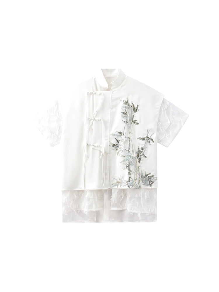 JIECHI  short-sleeved men's orchid embroidery stand-up collar top - JAYLOR.