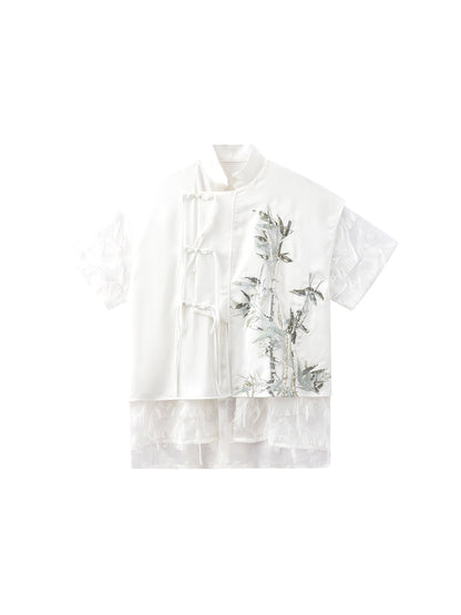 JIECHI  short-sleeved men's orchid embroidery stand-up collar top - JAYLOR.