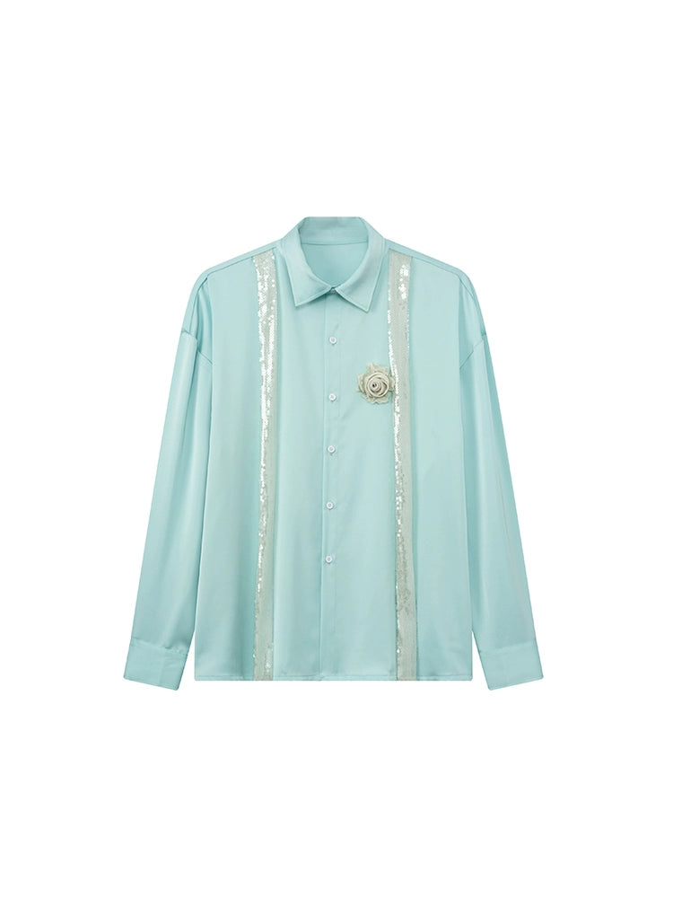JIECHI  blue high-end loose long-sleeved satin unisex shirt - KELAN.
