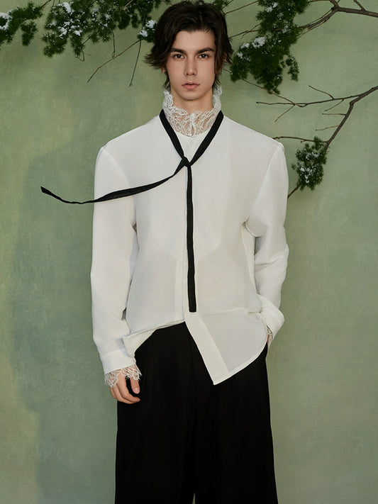 JIECHI White Lace Stand-Up Collar Long Sleeve Unisex Shirt - HEX.