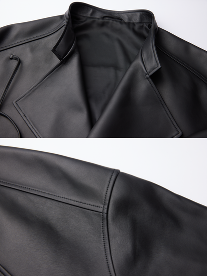 OWNLIFE Stand Collar Sling Loose Sheepskin Leather Jacket - PAT.