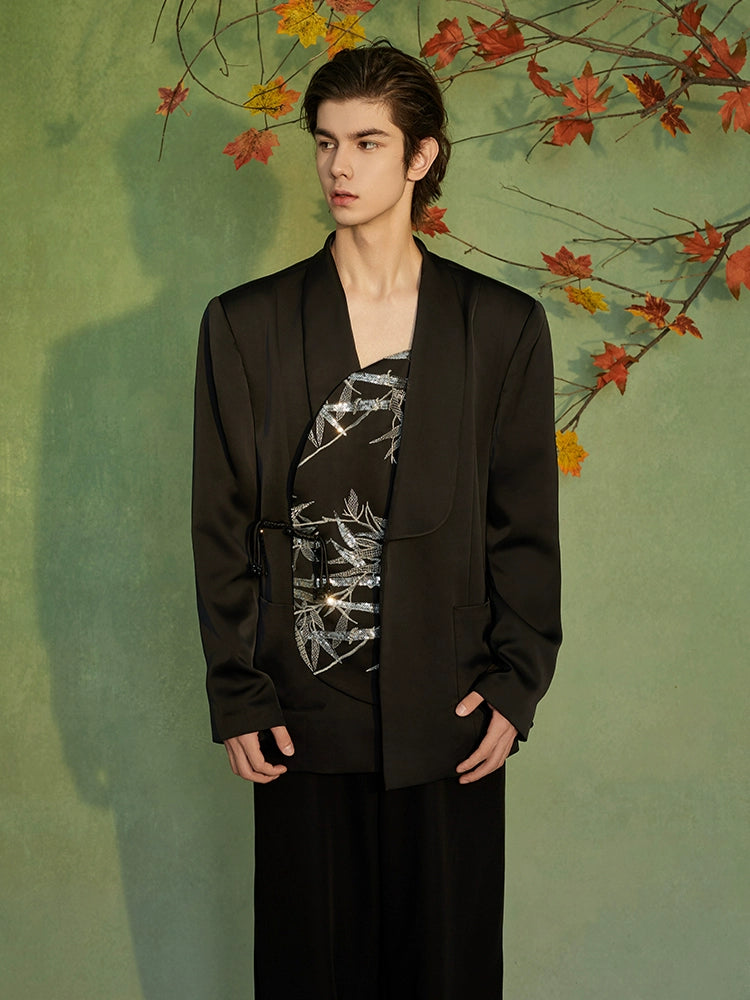JIECHI embroidered irregular bias cut black blazer - PROSPER.