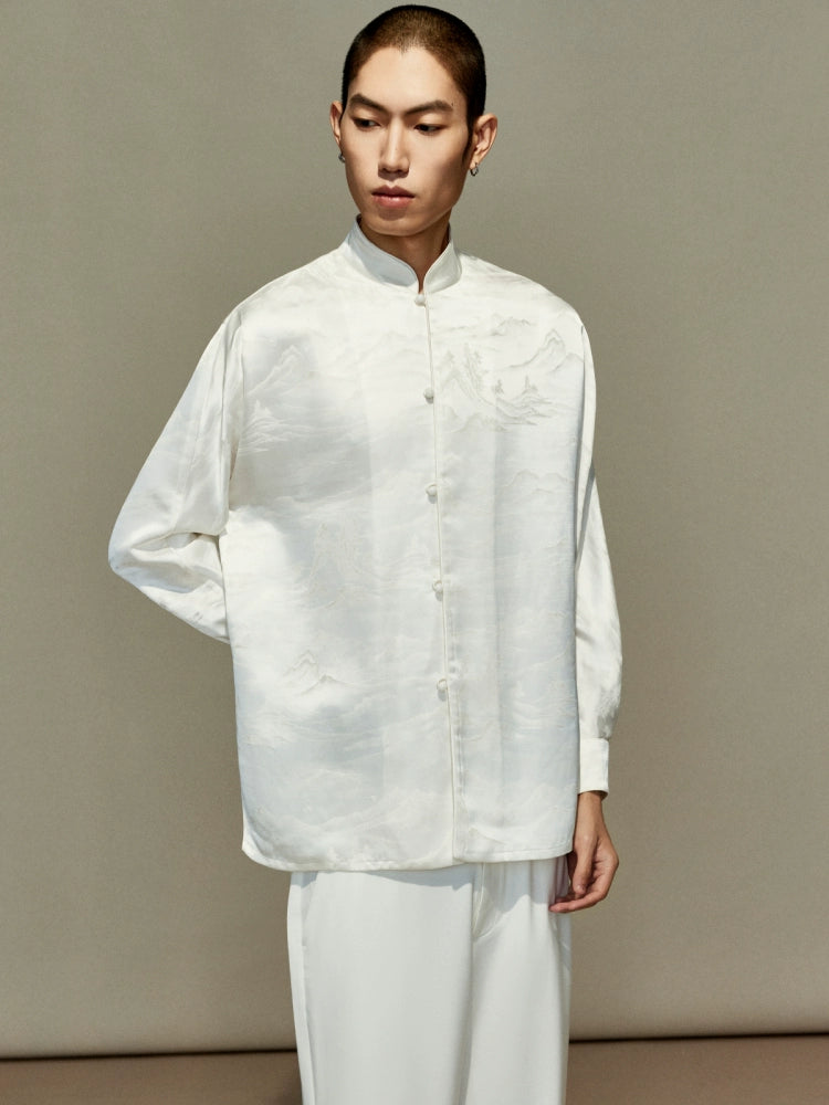 OWNLIFE jacquard stand-up collar placket natural jade buckle shirt - DAVID.