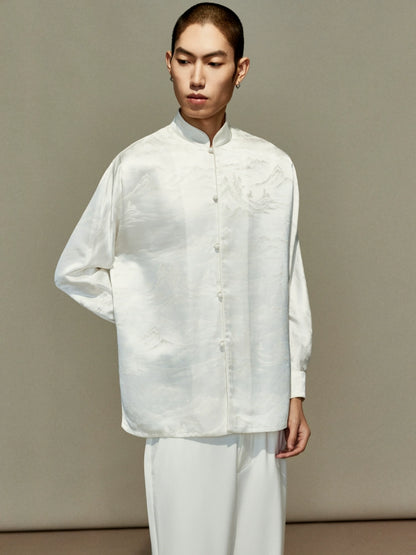 OWNLIFE jacquard stand-up collar placket natural jade buckle shirt - DAVID.