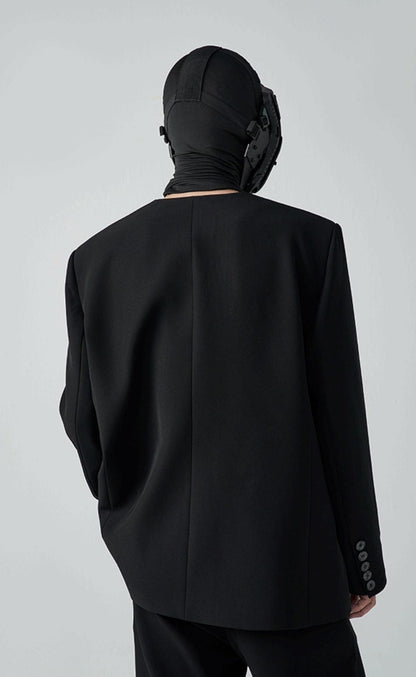 FRKM SC SS Casual Padded Shoulders Collarless Loose Double Button Suit - UNIQUE.