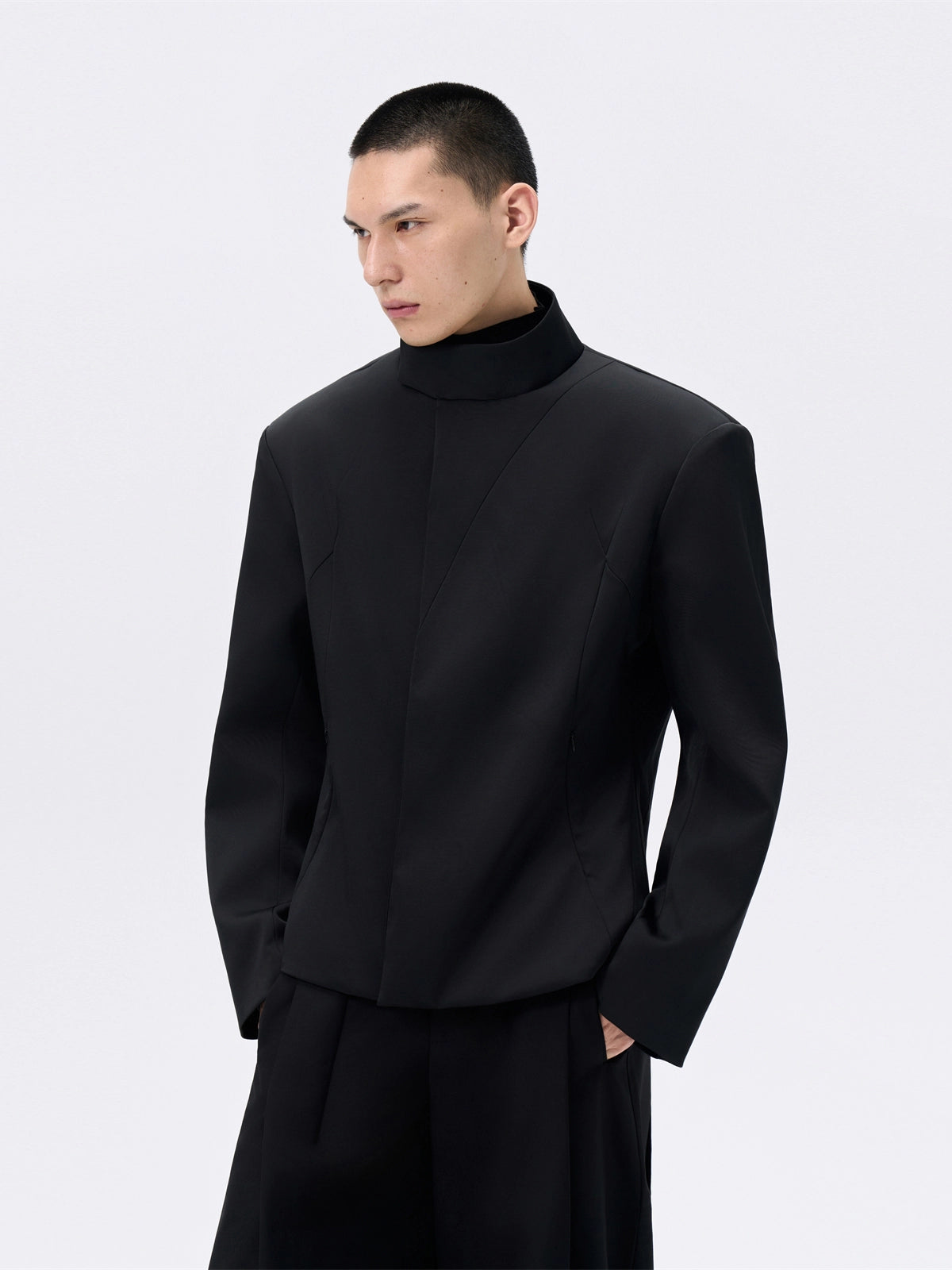 FRKM SCD Cinched Waist Stand Collar Wide Shoulder Black Jacket - GREG.