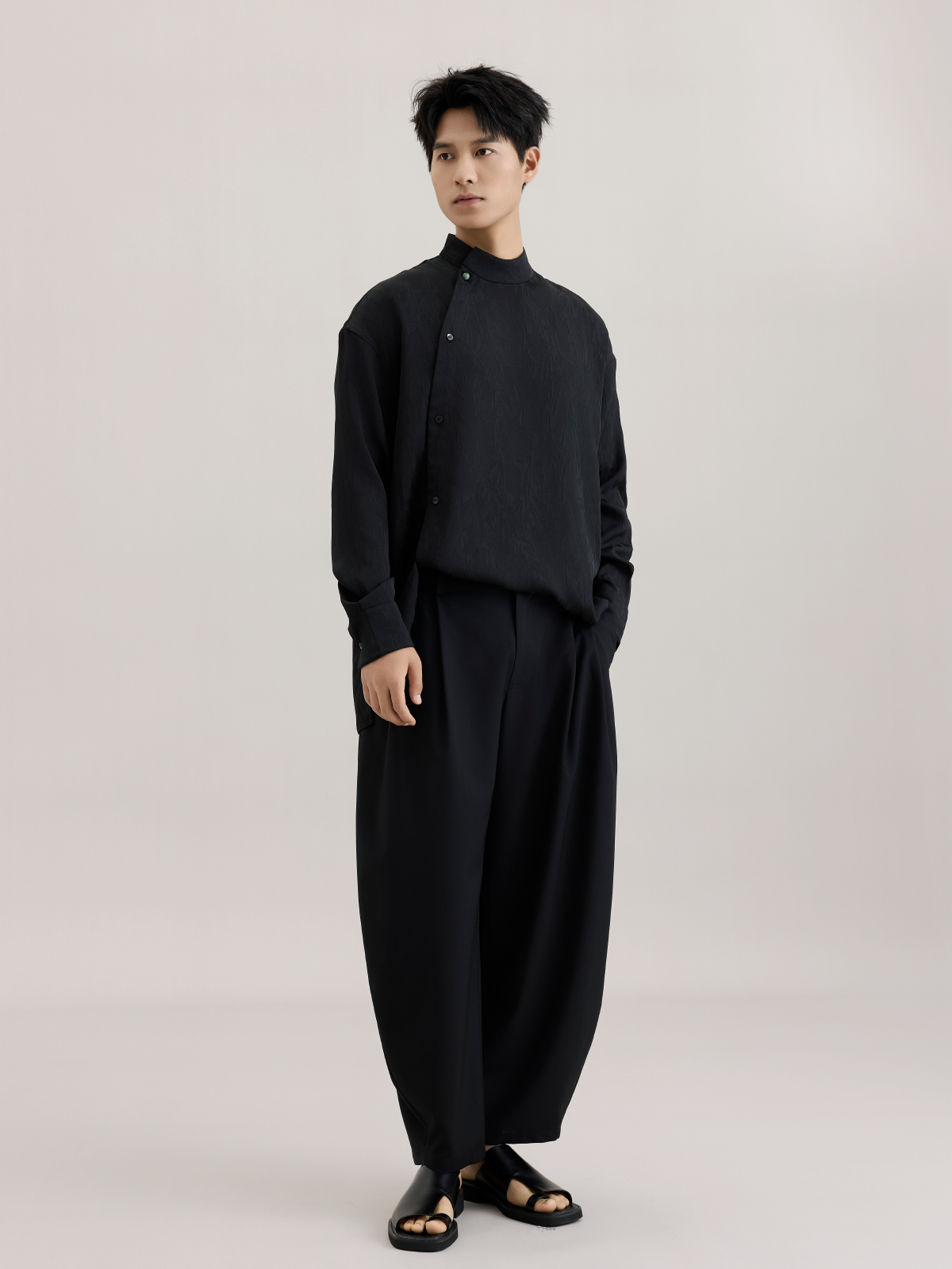 OWNLIFE bamboo hair jade placket slant lapel jacquard shirt - FINLEY.