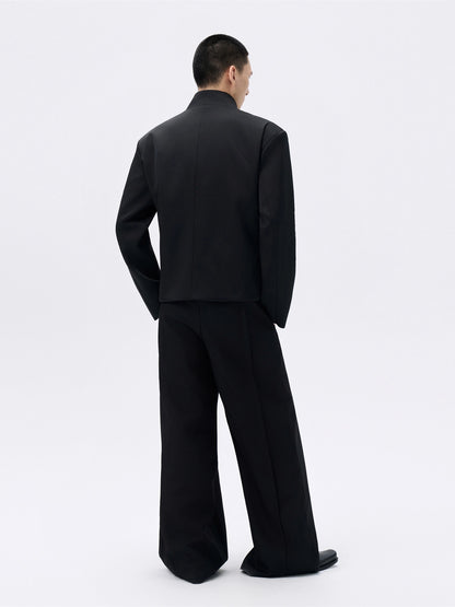 FRKM SCD Cinched Waist Stand Collar Wide Shoulder Black Jacket - GREG.