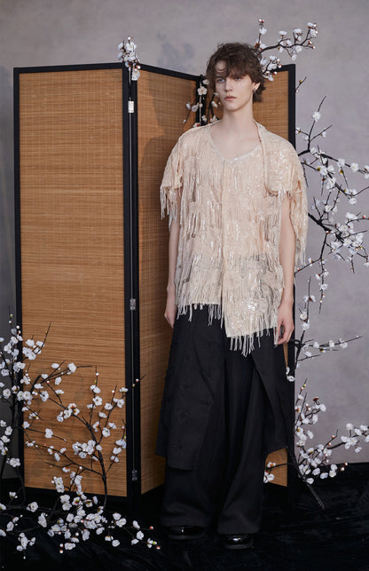 JIECHI  short-sleeved fringe hooded embellished top - PAISLEY.