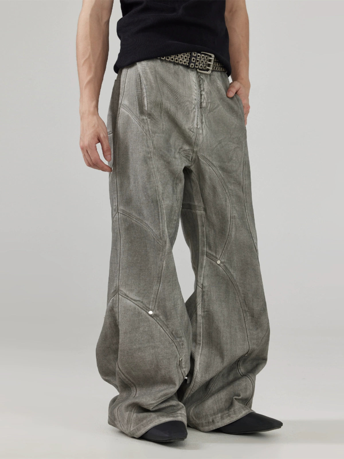 FRKM SCD Dirty Wash Distressed Jeans Wide Leg Studded Pants - GARDEN.