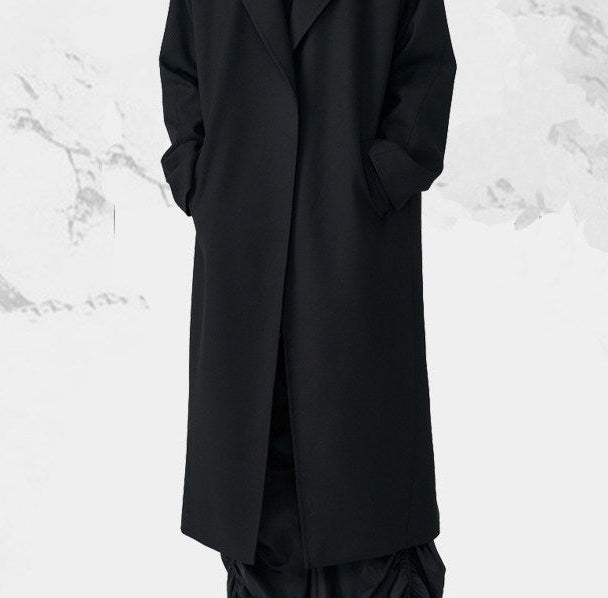 FRKM SCD SS Wool Unbuttoned Loose Shoulder Padded Midi Patchwork Black Coat - LEVI.
