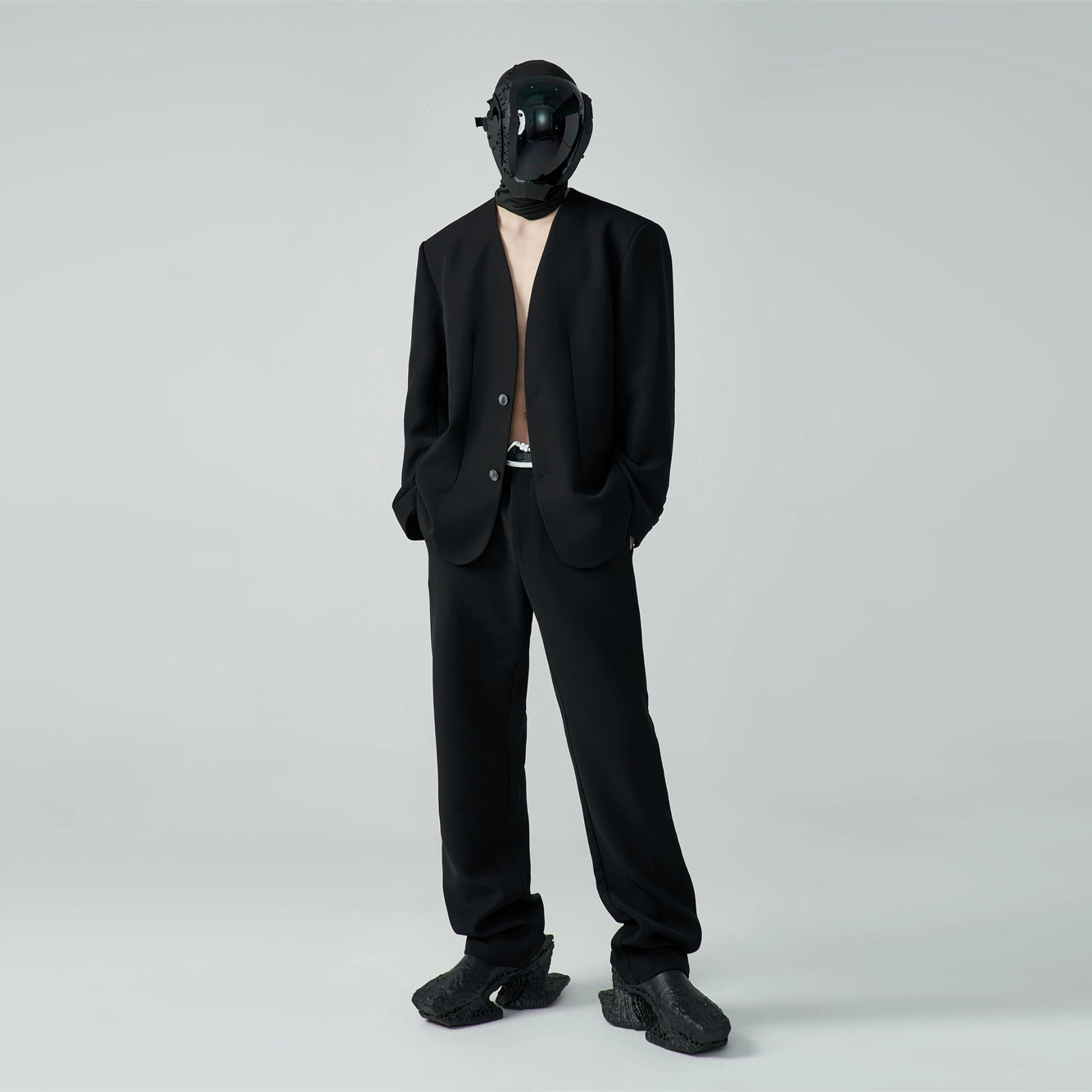 FRKM SC SS Casual Padded Shoulders Collarless Loose Double Button Suit - UNIQUE.