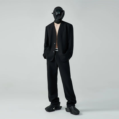 FRKM SC SS Casual Padded Shoulders Collarless Loose Double Button Suit - UNIQUE.