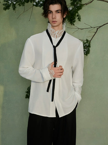 JIECHI White Lace Stand-Up Collar Long Sleeve Unisex Shirt - HEX.