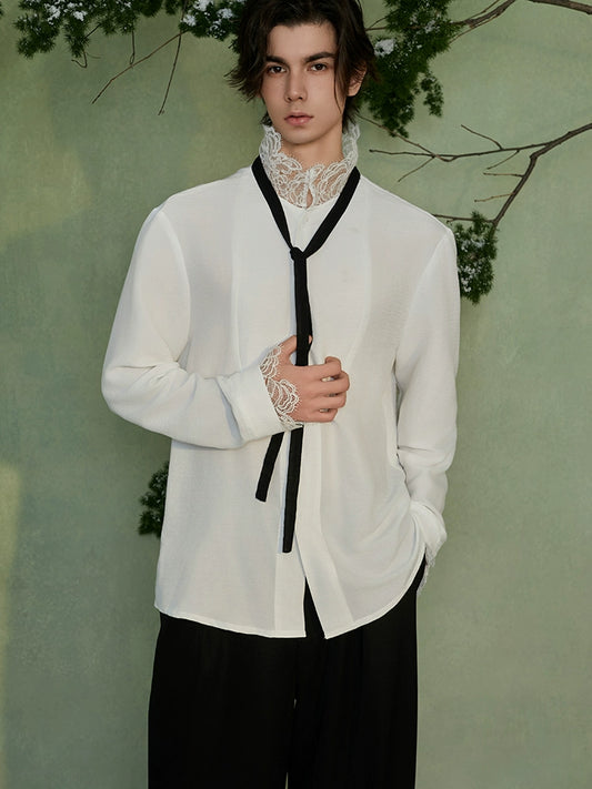 JIECHI White Lace Stand-Up Collar Long Sleeve Unisex Shirt - HEX.