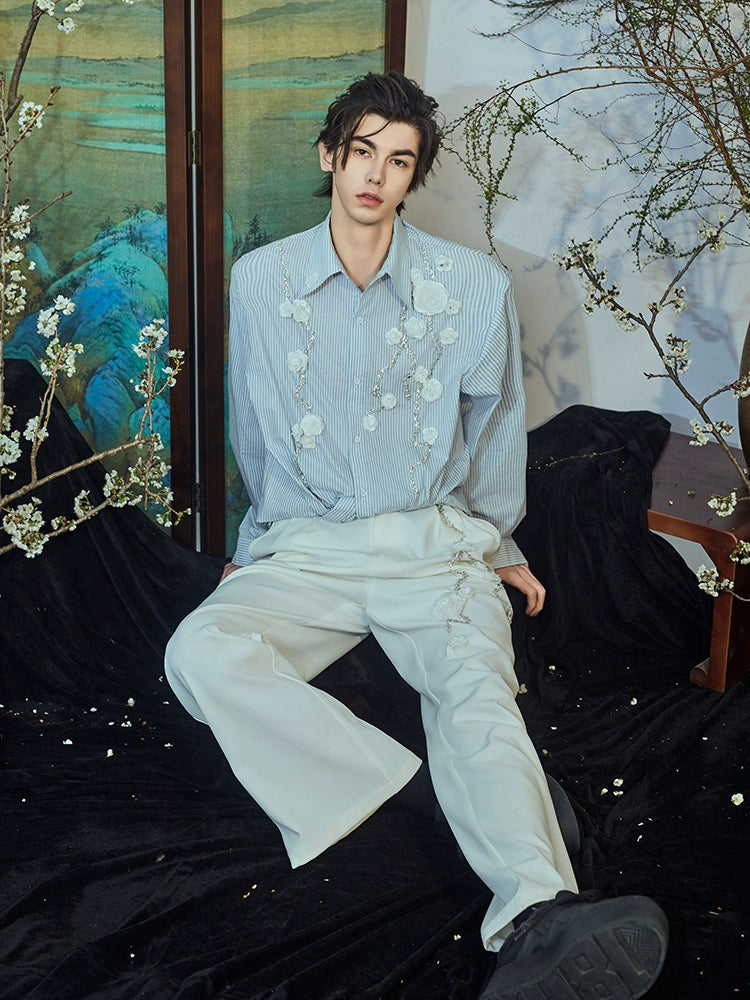 JIECHI loose striped men's long sleeve appliqué shirt - NIRVANA.