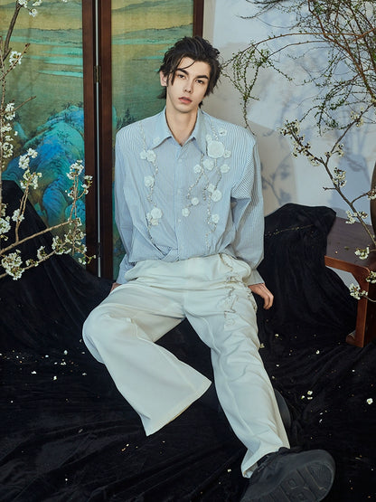 JIECHI loose striped men's long sleeve appliqué shirt - NIRVANA.