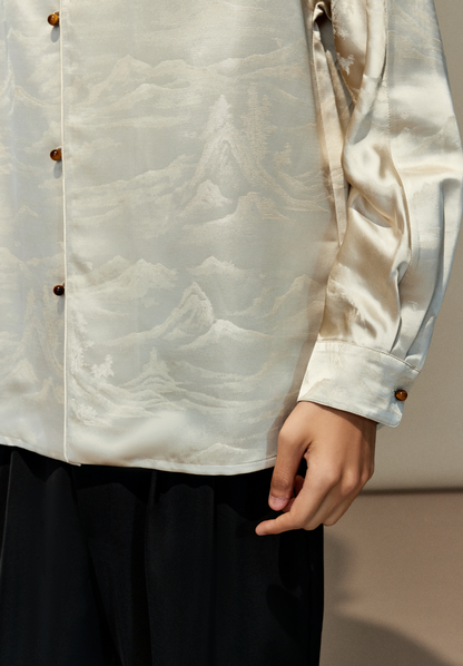 OWNLIFE jacquard stand-up collar placket natural jade buckle shirt - DAVID.